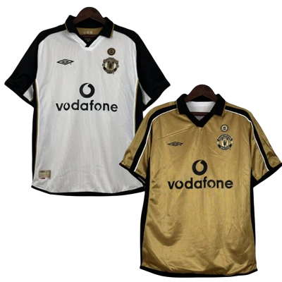 Camisa Dupla Face Retrô Manchester United 2001/02 100 Anos Masculina Branca e Preta ou Dourada