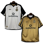 Camisa Dupla Face Retrô Manchester United 2001/02 100 Anos Masculina Branca e Preta ou Dourada