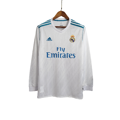 Camisa Retrô Real Madrid I Home 2017/18 Manga Longa Masculino Branco