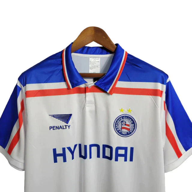 Camisa Bahia II 1998 Retrô masculina - Branca com detalhes em azul e vermelho